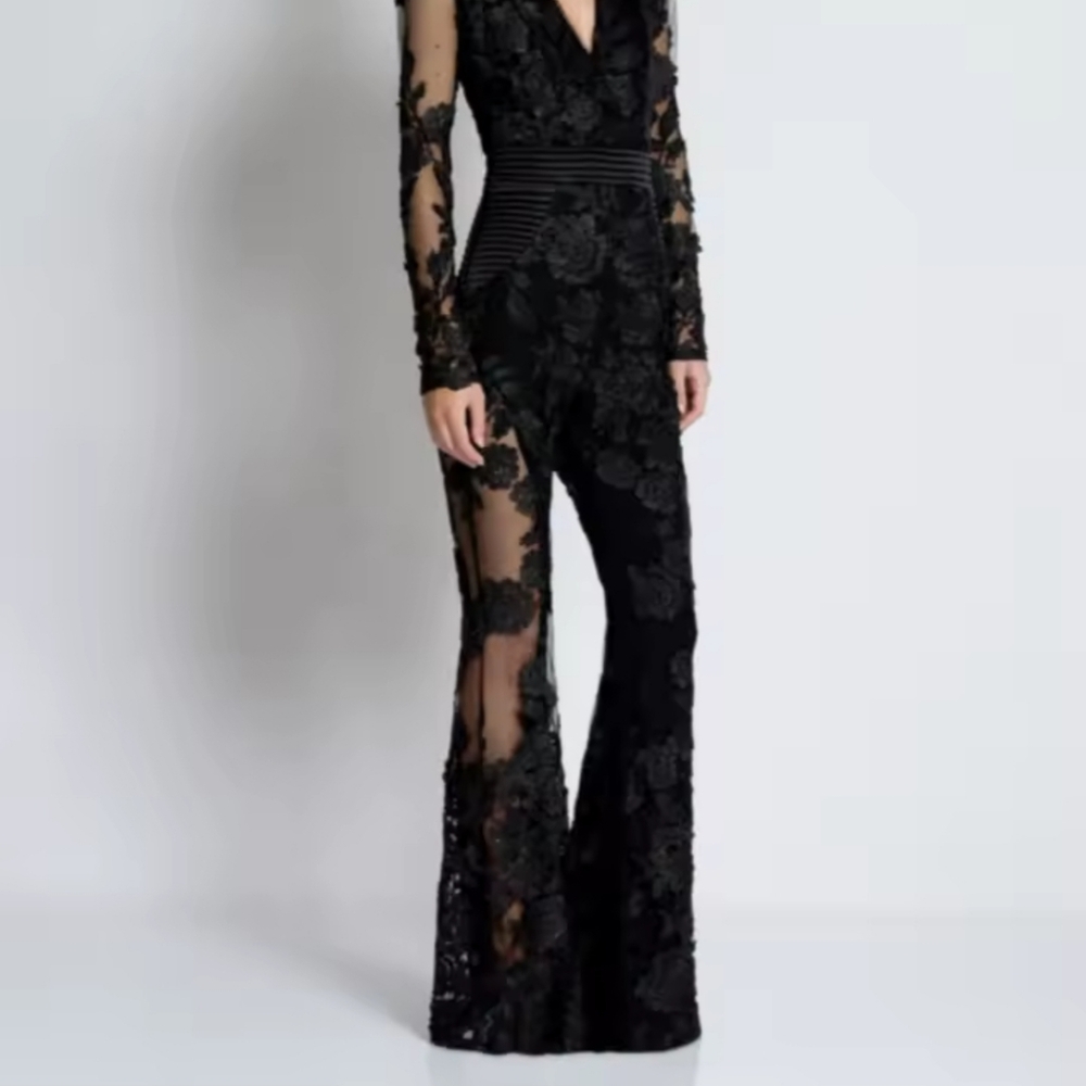 New Sexy Long Sleeve Floral Diamonds EmbroideryJumpsuit Women Black V Neck Mesh - Picture 5 of 9